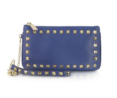 China Rivet Genuine Leather Wristlet Bag , Rockstud Royal Blue Clutch with Detachable Wristlet for sale