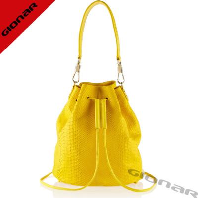 China Bright Yellow Snake Hobo Leather Handbags / Ladies Bucket Bag With Drawstring Closure for sale