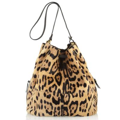 China Leopard Print Cow Hair Hobo Leather Handbags Bucket Style Inside Cotton Lining Drawstring Closure for sale