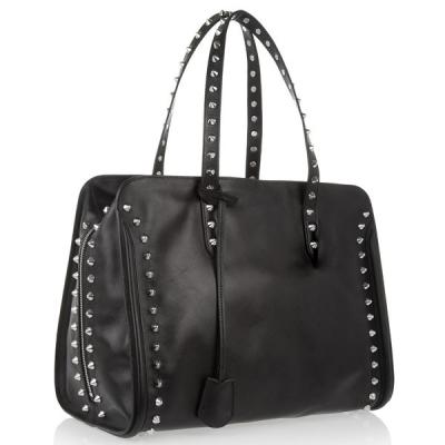 China Bolso de cuero de los remaches de plata, bolso de cuero para mujer negro del viaje, etiqueta colgante de cuero con el logotipo en venta