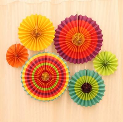 China Hanging Decoration 6 Pcs Fiesta Fans Round Wheel Colorful Paper Pattern Design Vibrant Bright Colors Hanging Fans Party Paper Decoration for sale