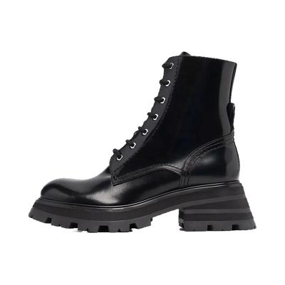 China New Women's Thick Unique Leather Black Single Boots Anti-odor Chunky Heel Ankle Boots Chunky Martin Boots for sale