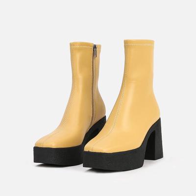 China New Design Chunky Heel Leather Women Anti-slippery Mid-heel Boots Women's Thick-unique Mid-Heel Ankle Boots for sale