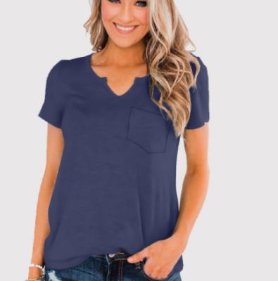 China 2021 Breathable Contracted New Design V Neck Pocket Solid Color Short Sleeve Loose Women's Top Blouse for sale