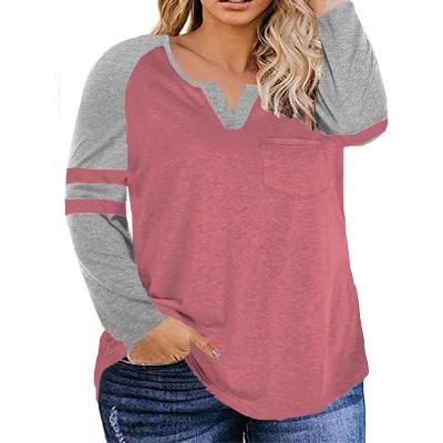 China New Anti-wrinkle cotton V-neck T-shirt autumn long-sleeved breathable loose color matching shirts for women for sale