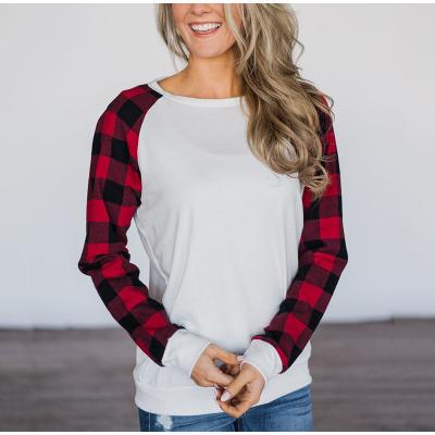 China Breathable Round Neck Sweatshirt Plaid Ladies Clothes Loose Fit Tops Autumn Long Sleeve Tunics Women for sale