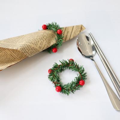 China Red 1.6inch Christmas Decoration Fruit PVC Pine Needle Napkin Ring Christmas Wreath Decoration For Dining Table for sale