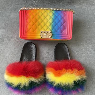 China Cushioning Woman Shoes Slippers Matte Colorful Jelly Bags Shoe Flip Flops Fluffy Slippers Fox Fur Slides Sets for sale