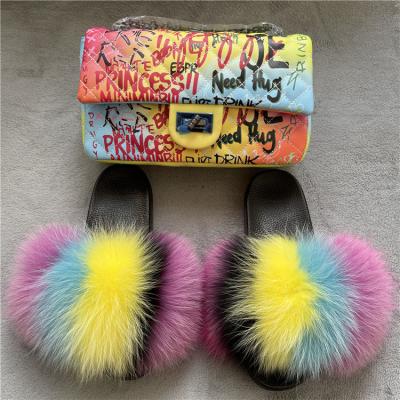 China Cushioning Stylish High Quality Women's Fur Slippers With Purses Smudge Fur Slippers With Purse Fur Slides for sale