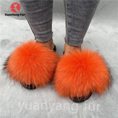 China Cushioning High Quality Jelly Slides Furslides Furry Women Raccoon Fur Slippers Rainbow Sandals Fur Slides From China Manufacture for sale