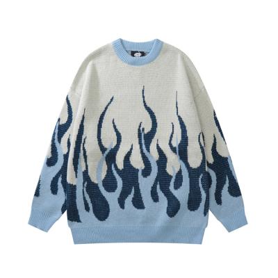 China Custom OEM and ODM Anti-wrinkle men's winter light blue crew neck knitted pullover sweaters blue flame jacquard sweater for men for sale