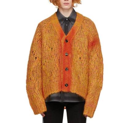 China 2023 Hollow-out Loose Soft Mohair Knitwear V-Neck Jacquard Jacquard Cardigan Sweater Men Wool Orange for sale