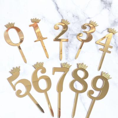 China 2021 Crown Wholesale Handmade Laser Cut Gold Glitter Number Cake Topper Happy Birthday Acrylic Number Cake Topper for sale