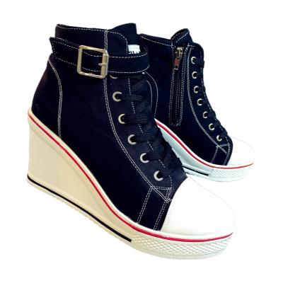 China 2022 Fashion Trend New Side Zipper 8cm Stepped Heel Casual Shoes Women's Canvas Heel Wedge Platform High Top Thick Bottom Shoes for sale