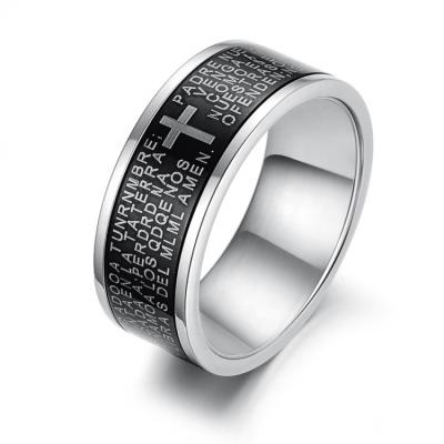 China TRENDY Black Spain Bible Lord's Prayer Stainless Steel Rings Man Silver Ring For Man Custom Backed for sale