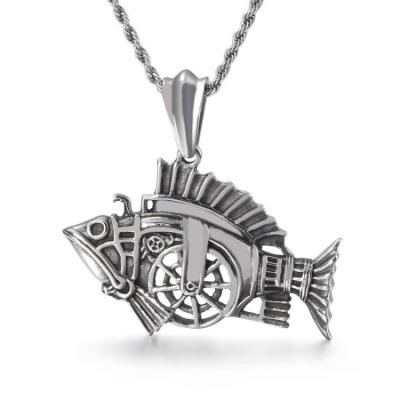 China Hiphop Personalized Stainless Steel Jewelry Vintage Hollow Robotic Fish Pendant Custom Backed for sale