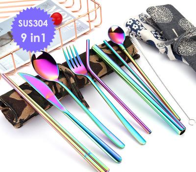 China The new 2021 arrived disposable reusable utensils disposable 9 pieces of portable tableware sets with the drinking straw for sale