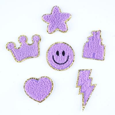 China 3D Chenille Purple Patch Glitter Iron On Patch Adhesive Sewing Appliques for Clothing for sale