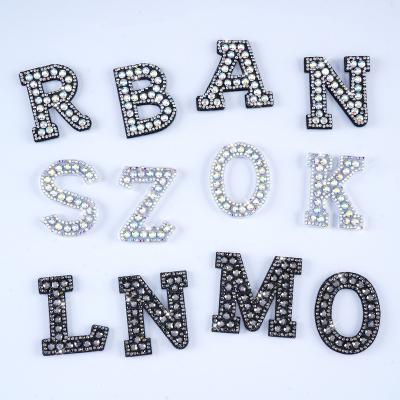 China 3D Pearl Alphabet Patches Iron On  Letter Applique 3D Handmade DIY Letter Rhinestone Patches for sale