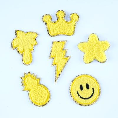 China 3D Chenille Yellow Patch Glitter Iron On Patch Adhesive Sewing Appliques for Clothing for sale