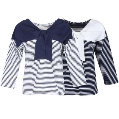 China Anti-Wrinkle Long Sleeve Bow Collar Stripes Contrast Stitching T-Shirts For Women Wholesale Women Clothing for sale