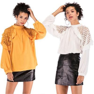 China Autumn New Fashion Long Sleeves Plus Size Blouse Stand Collar Women Solid Tops Hollow Out Lace Shirt Blouses for sale