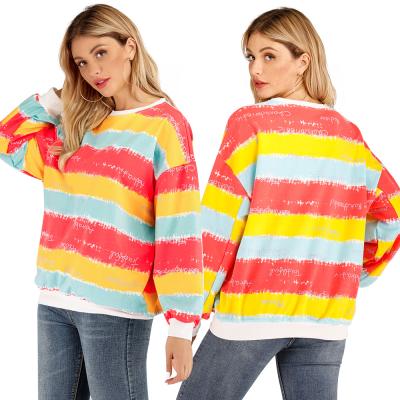 China Anti-Shrink Neck Casual Round Color Blocking Loose Stripe Letter Long Sleeve Sweater T-Shirts For Women for sale