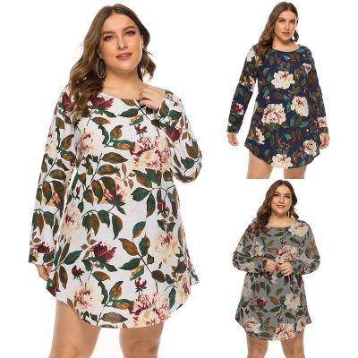 China Plus size women 2021 anti-pilling round neck long sleeve factory pattern printing casual shirt blouse for sale