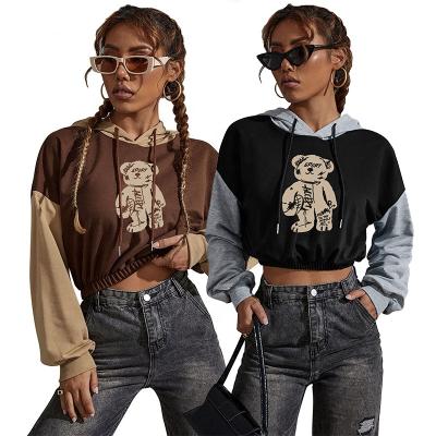 China OEM QUICK DRY Custom Little Bear Printing Sweatshirts Women Elastic Waist Pullover Cropped Hoodies for sale