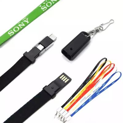 China Mobile Phone Business Gift Type C Mirco USB Data Fast Charging Cable Lanyard Custom Logo Neck Strap Cable Lanyard Charging Cable for sale