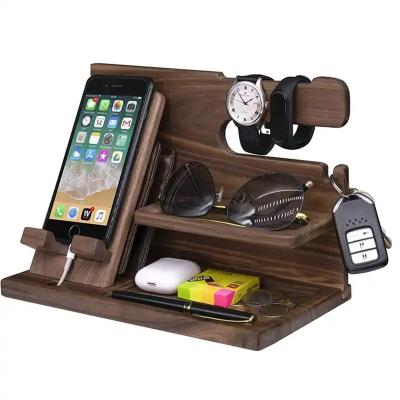 China Desk Organization Creative Natural Wooden Gifts For Men Wood Docking Station Desktop Organizer For Cell Phone Smart Watch Charging Holder Stand for sale