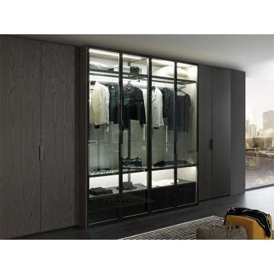 China Fashion Durable Glass Modern Design Door Wood Grain Hinged Door Wardrobe or Cabinet for Villa Large Bedroom for sale