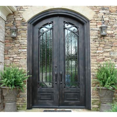 China Modern Anti Rust Galvanized Dark Black Hand Made Steel Arch Wrought Iron Door for sale