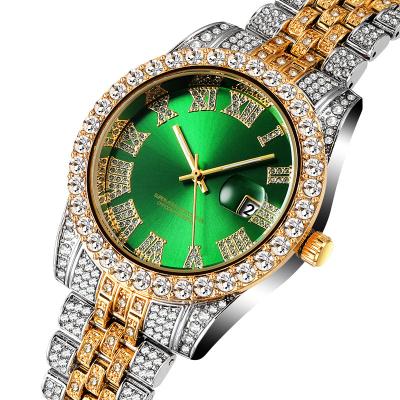 China Day/Date Full Diamond Men's Watch Calendar Quartz Steel Band Green Starry Dial for sale