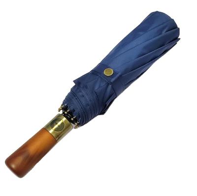 China Factory Contemporary Sun Rain Advertising Customized Logo Wooden Handle Three Folding Umbrellas for sale