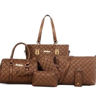 China Fashion Wholesale Cheap Fashion Brown Grid Pattern 6 Pieces Ladies Handbag 2021 Bag Set Set for sale