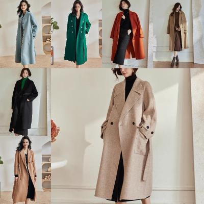 China Viable Women's Wool Cashmere Woolen Coat Fashionable Long Thin Wool Coat 100% Double Sided Wool Fabric for sale