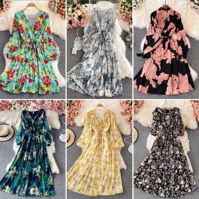 China Anti-Static Casual Dresses Regular Breathable Boho Ladies Pleated Dress Spring Autumn Floral Casual Dresses With Lace for sale