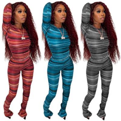 China Autumn Striped Long Sleeve Breathable Tracksuits For Women Flared Two Piece Set Pants Women Clothing for sale