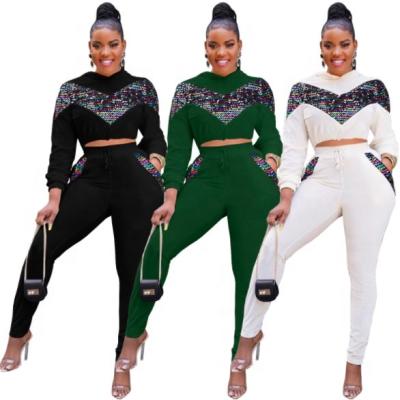 China Fashion Drawstring Breathable Woman Sportwear Set Women Two Piece Hooded Tracksuits Sequin Pants Set for sale