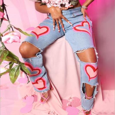 China Breathable Women High Waist Straight Leg Jeans Hollow Out Hole Print Casual Jeans Women for sale