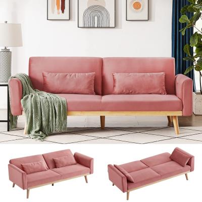 China Modern Extended Futon Velvet Sofa Bed, Upholstered Convertible Recliner Folding Daybed Loveseat with Pillow and Wood Frame, Pink for sale