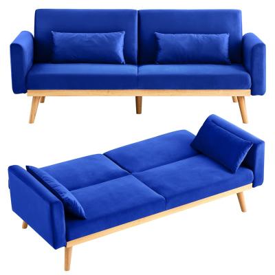 China Modern Extended Futon Velvet Sofa Bed, Daybed Folding Upholstered Convertible Loveseat Recliner with Pillow and Wood Frame, Blue for sale