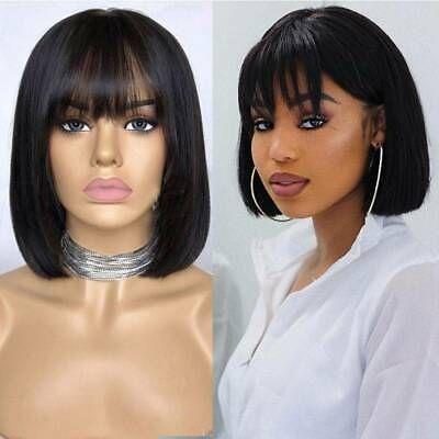 China Cheap Brazilian Hair Machine Made Bob With Bang Wig, Bob Wig For African American Wholesale, Hair Short Silky Straight Wave Wig With Bangs for sale