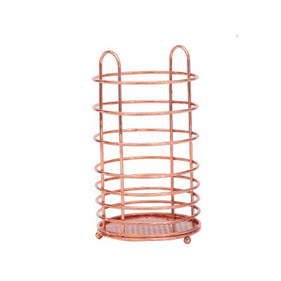 China Modern Golden Cylindrical Metal Mesh Kitchen Storage Rack Holders Cookware Rack for sale