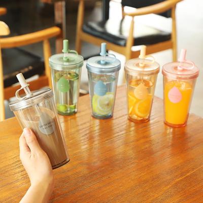 China Wholesale 320ml 420ml 520ml double wall milk tea cup new silicone straight plastic sippy cup viable lid plastic sippy cup for sale