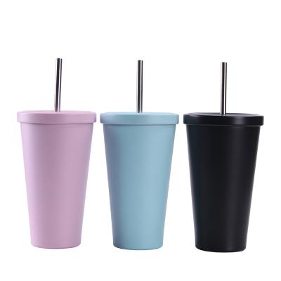 China Wholesale 500ml Stainless Steel Double Tumbler Candy Color Coffee Cup Sustainable Portable Travel Mug With Straw for sale