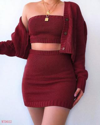 China Fashion Breathable 3 Piece Set Womens Outfits Strapless Knitted Crop Coat Crop Top And Skirt Women Clothing for sale