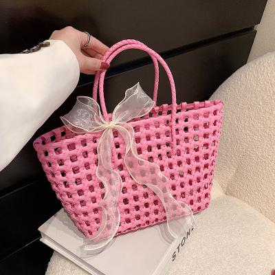 China JAKIJAYI Summer Large Solid Cavity PU Leather Handmade Woven Food Basket Knitted Large Beach Tote Bag For Shopping Daily Life for sale