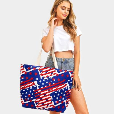 China JAKIJAYI USA Eco-Friendly American Stars and Stripes Brands Summer Vacation Canvas Handbags Beach Bag For Vacation for sale